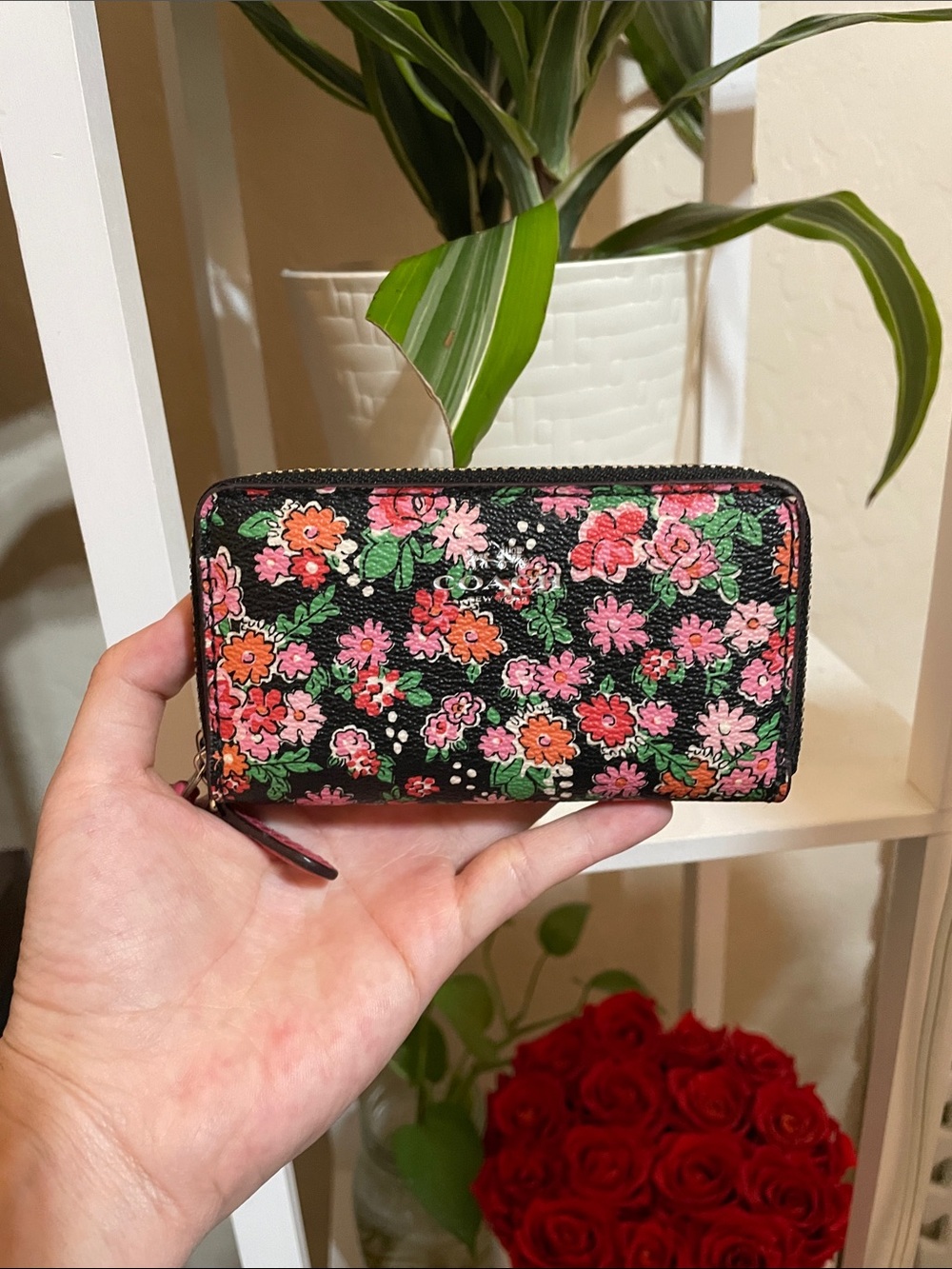 Coach Black Floral Zip Small Wallet